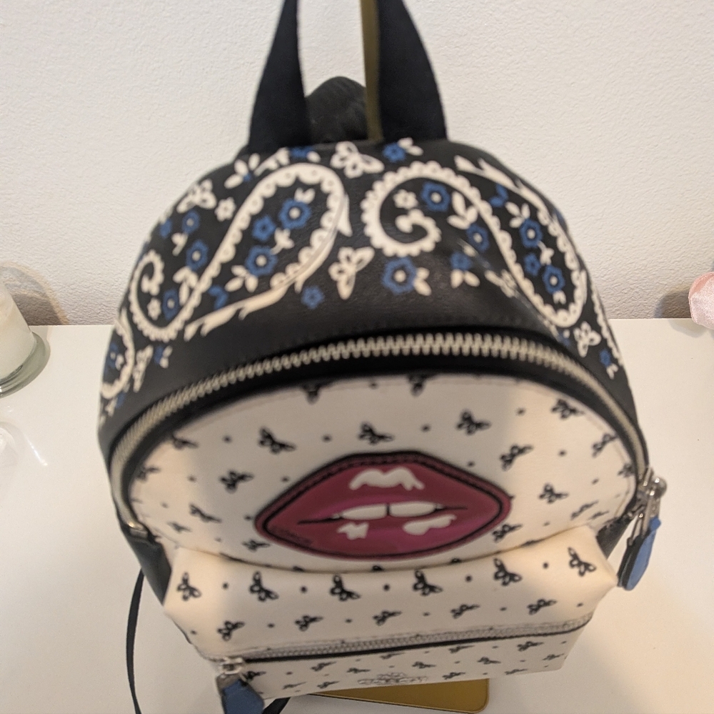 Coach Cream and Black Mini Backpack with Pink Lip Patch - Picture 5 of 8
